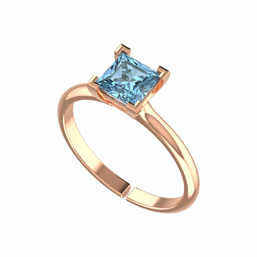 rose gold plated pure silver square aquamarine gemstone adjustable ring