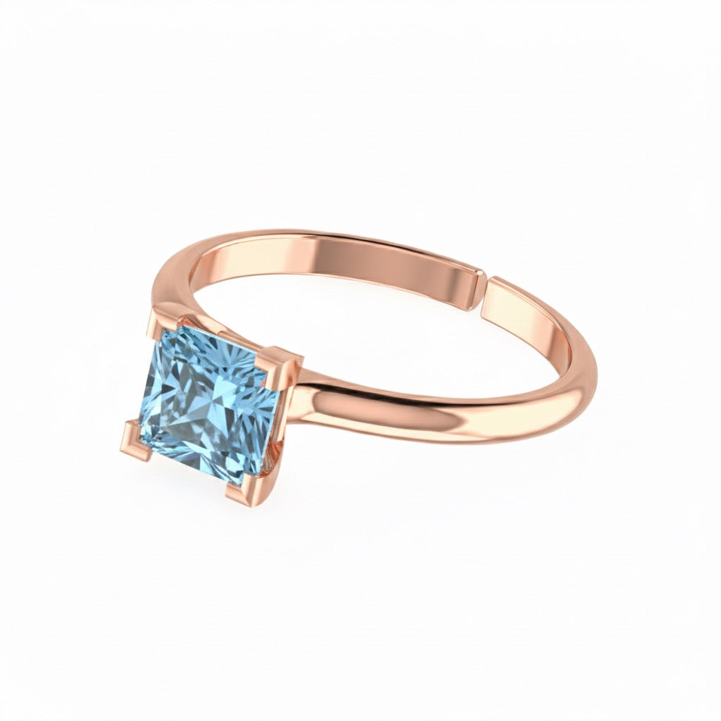 rose gold plated pure silver square aquamarine gemstone adjustable ring