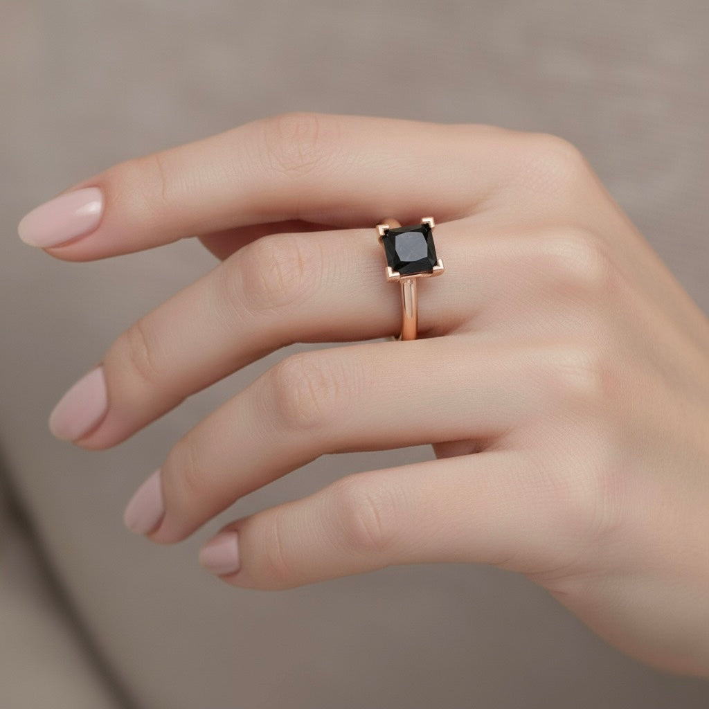 rose gold plated pure silver square black diamond gemstone adjustable ring