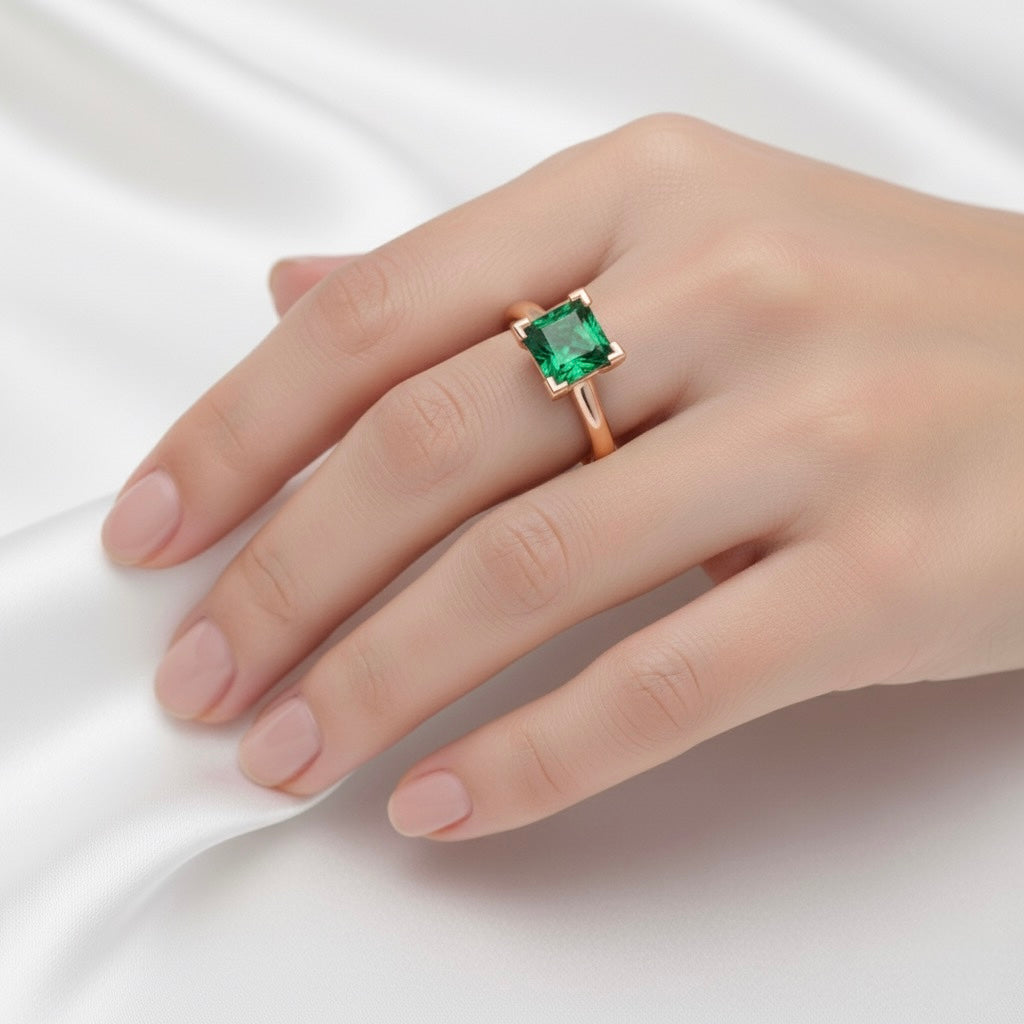rose gold plated pure silver square emerald gemstone adjustable ring