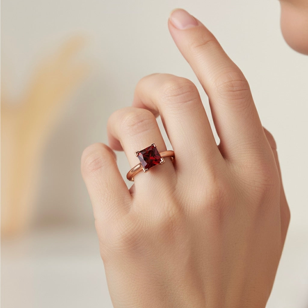rose gold plated pure silver square garnet gemstone adjustable ring