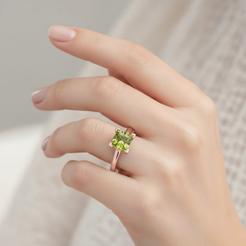 rose gold plated pure silver square peridot gemstone adjustable ring