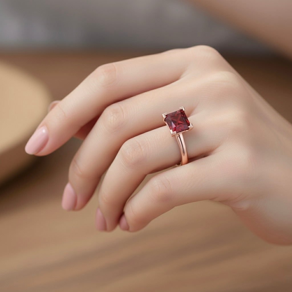 rose gold plated pure silver square ruby gemstone adjustable ring