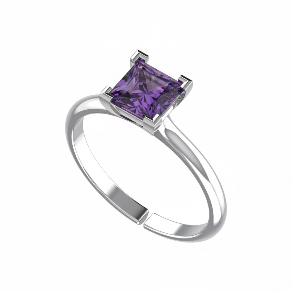 rhodium plated pure silver square amethyst gemstone adjustable ring