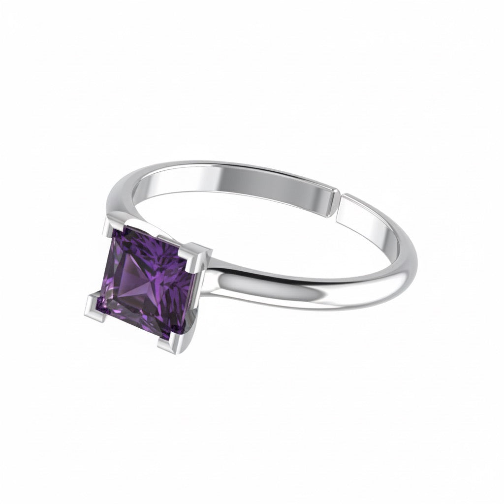 rhodium plated pure silver square amethyst gemstone adjustable ring
