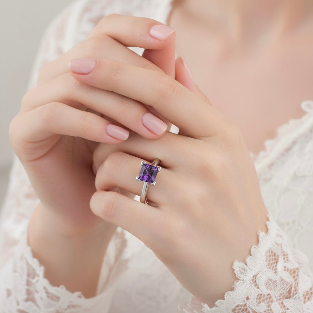 rhodium plated pure silver square amethyst gemstone adjustable ring