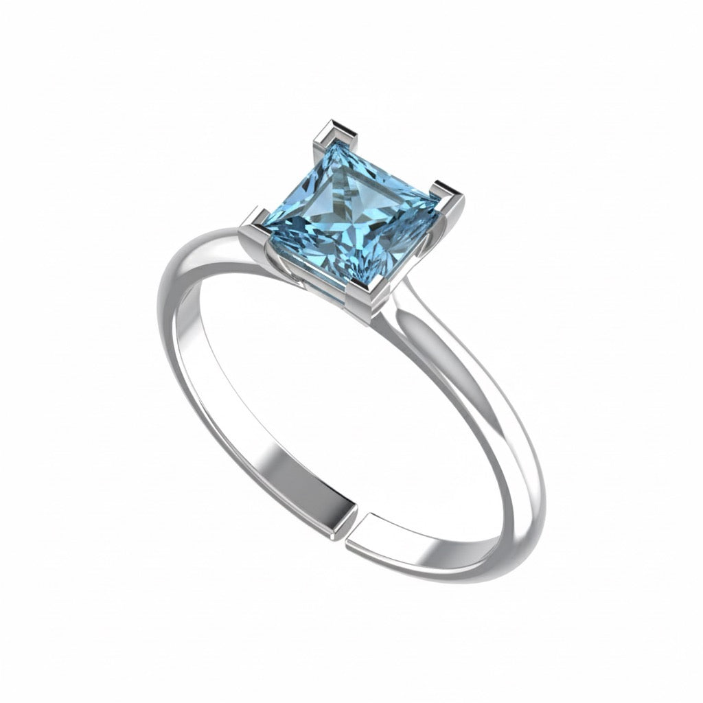 rhodium plated pure silver square aquamarine gemstone adjustable ring