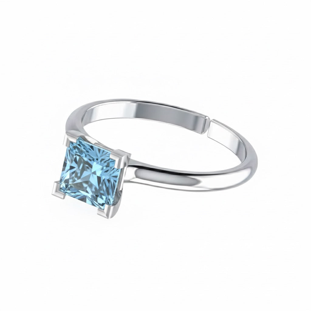 rhodium plated pure silver square aquamarine gemstone adjustable ring