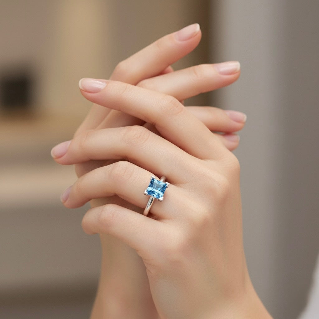 rhodium plated pure silver square aquamarine gemstone adjustable ring