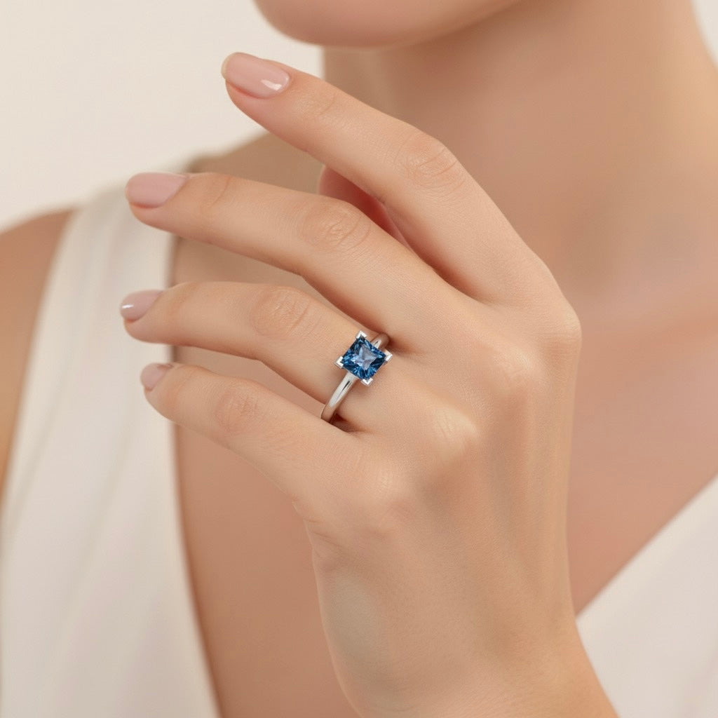 rhodium plated pure silver square alexandrite gemstone adjustable ring