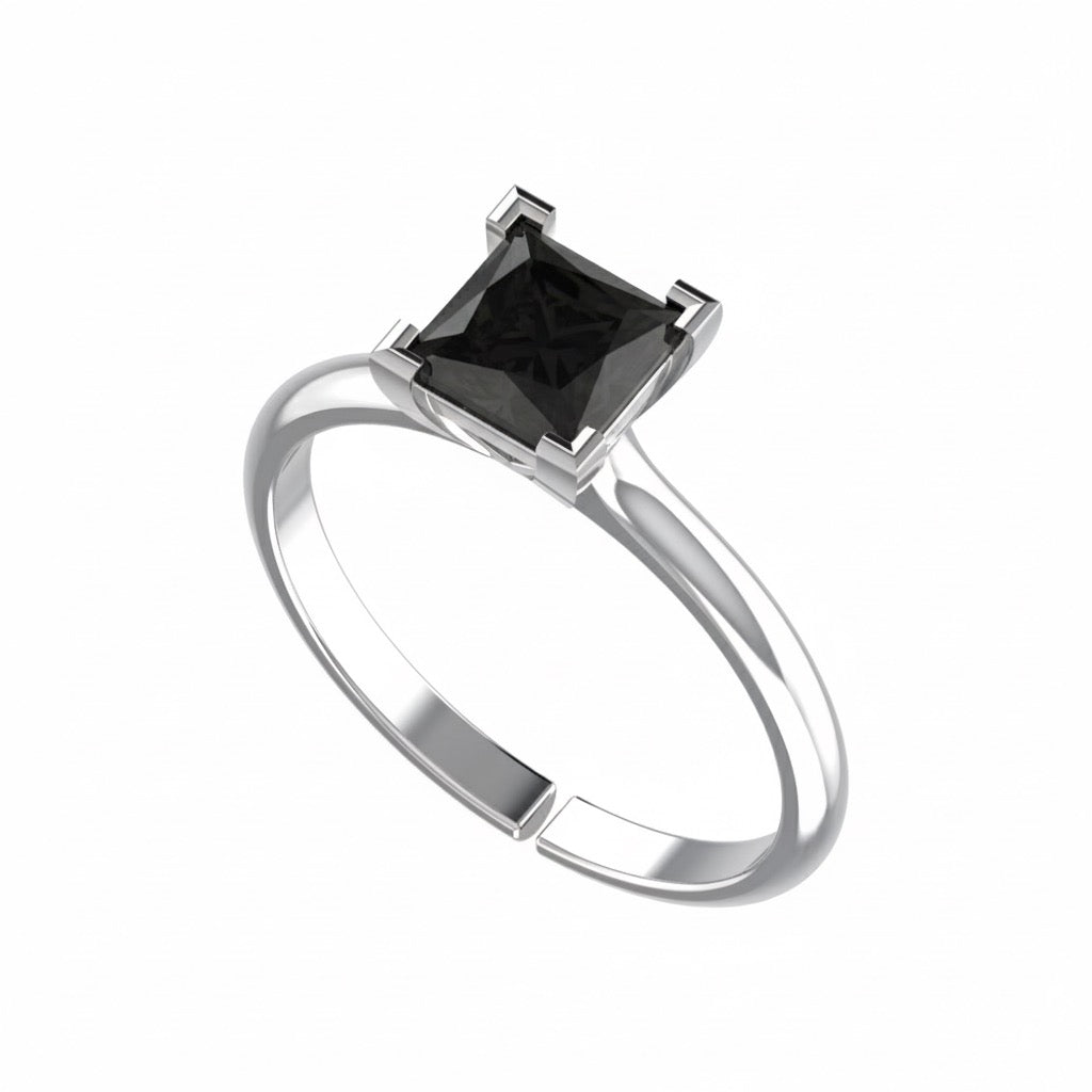 rhodium plated pure silver square black diamond gemstone adjustable ring