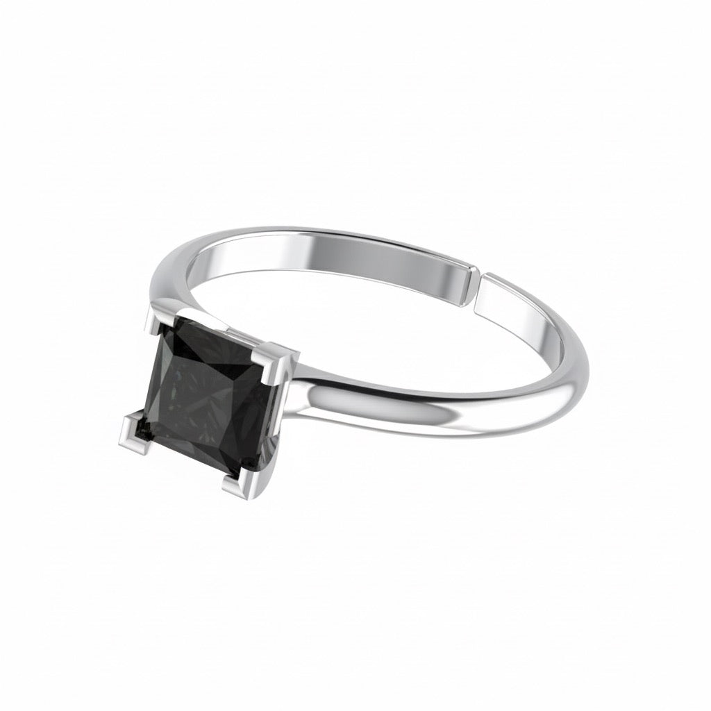 rhodium plated pure silver square black diamond gemstone adjustable ring