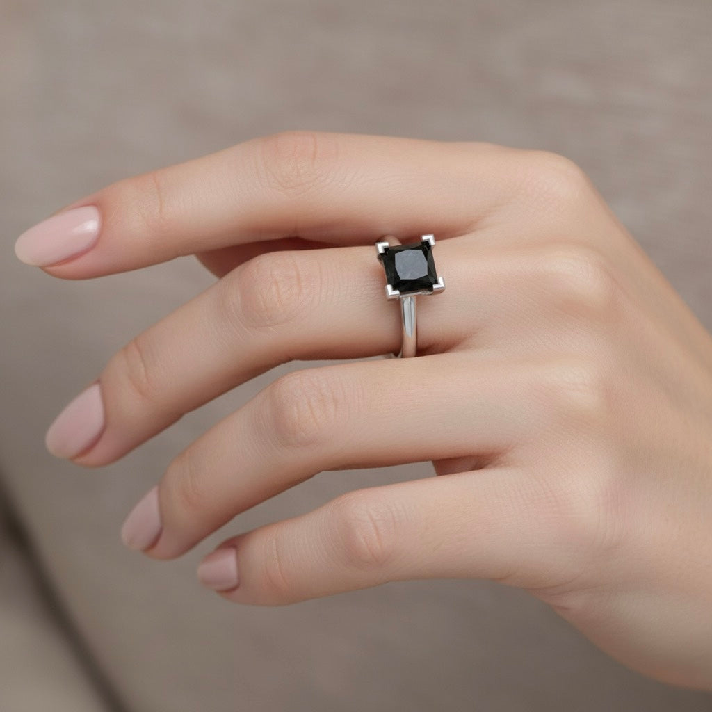 rhodium plated pure silver square black diamond gemstone adjustable ring