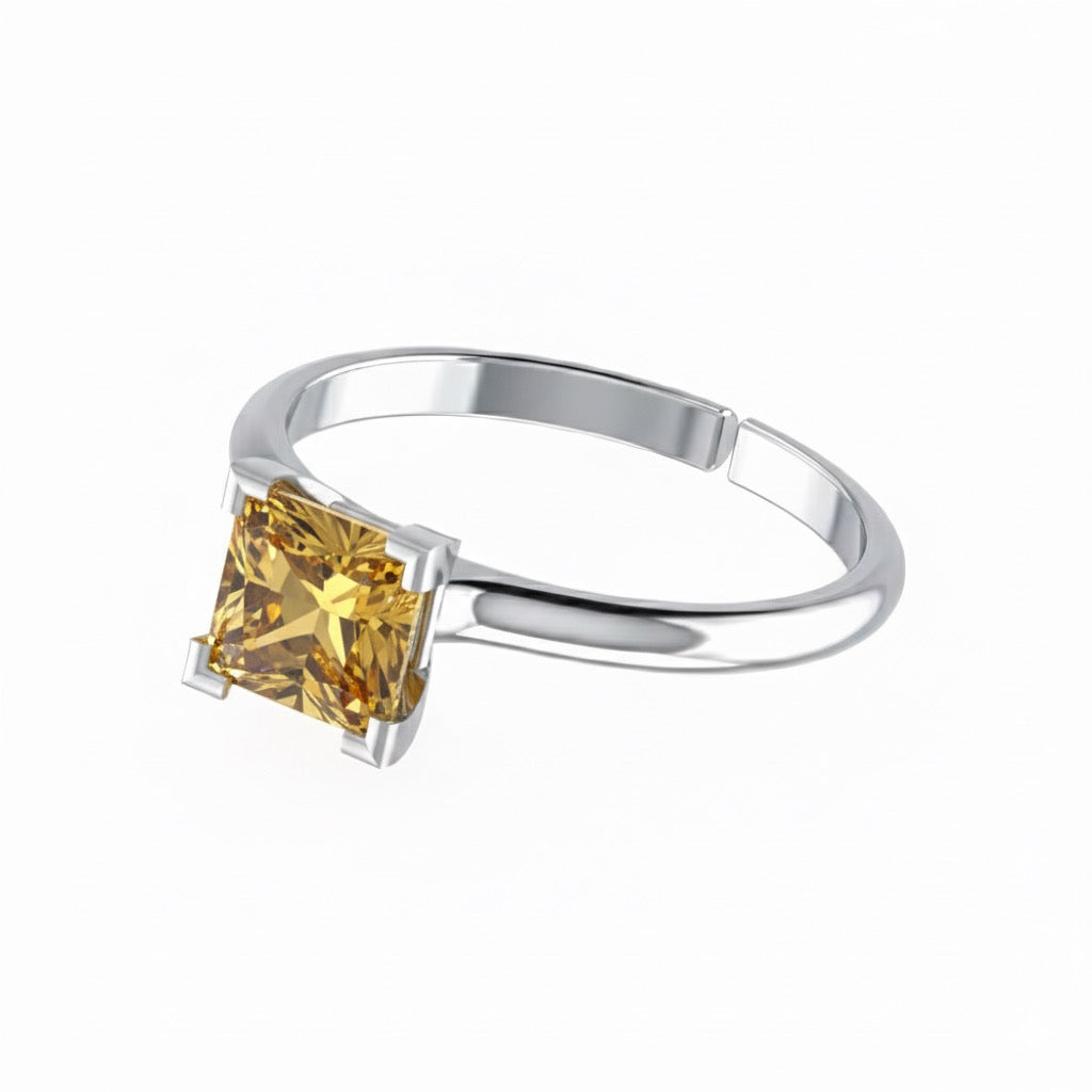 rhodium plated pure silver square citrine gemstone adjustable ring
