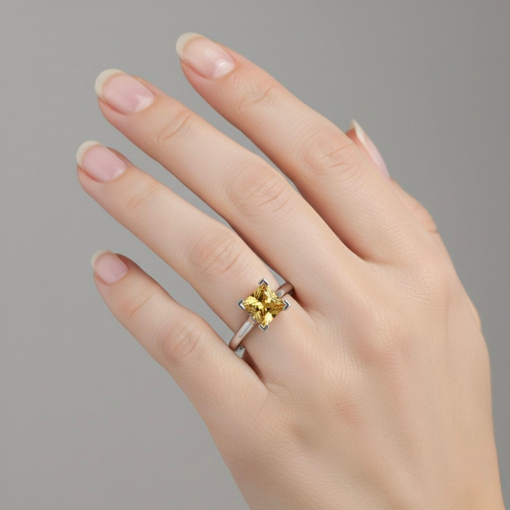 rhodium plated pure silver square citrine gemstone adjustable ring