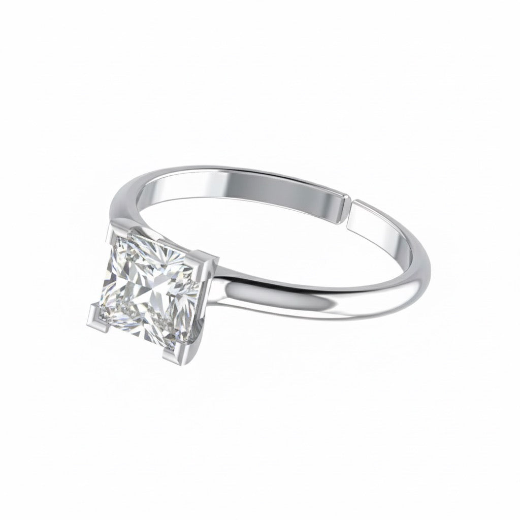 rhodium plated pure silver square cubic zirconia gemstone adjustable ring