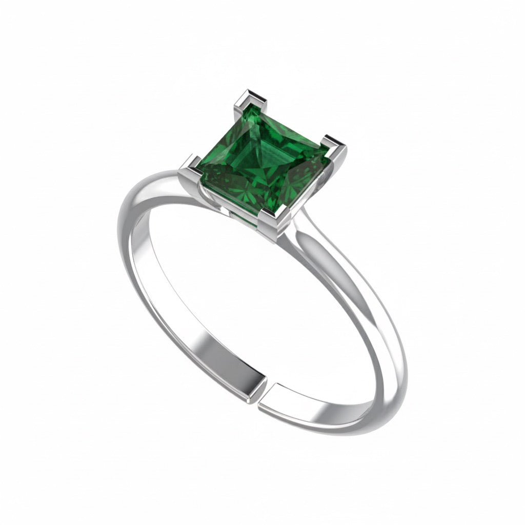 rhodium plated pure silver square emerald gemstone adjustable ring