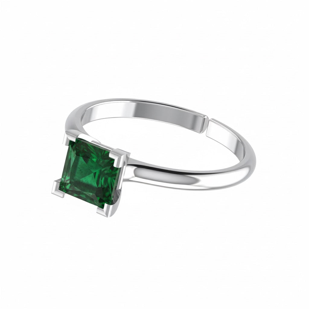rhodium plated pure silver square emerald gemstone adjustable ring