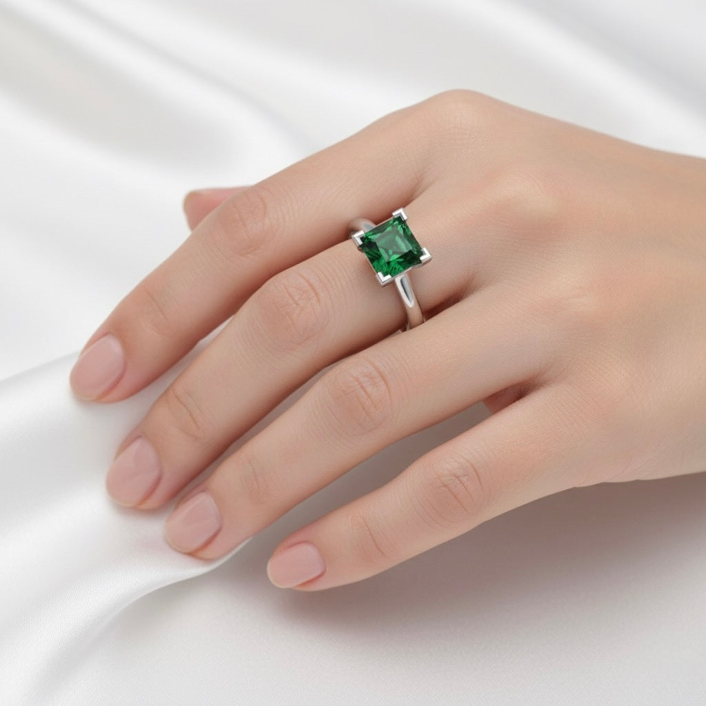 rhodium plated pure silver square emerald gemstone adjustable ring
