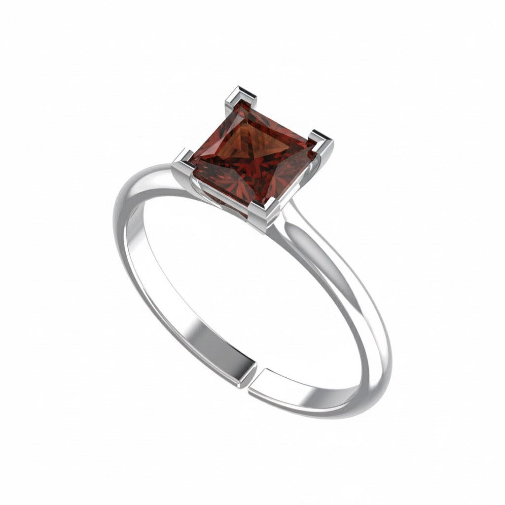 rhodium plated pure silver square garnet gemstone adjustable ring