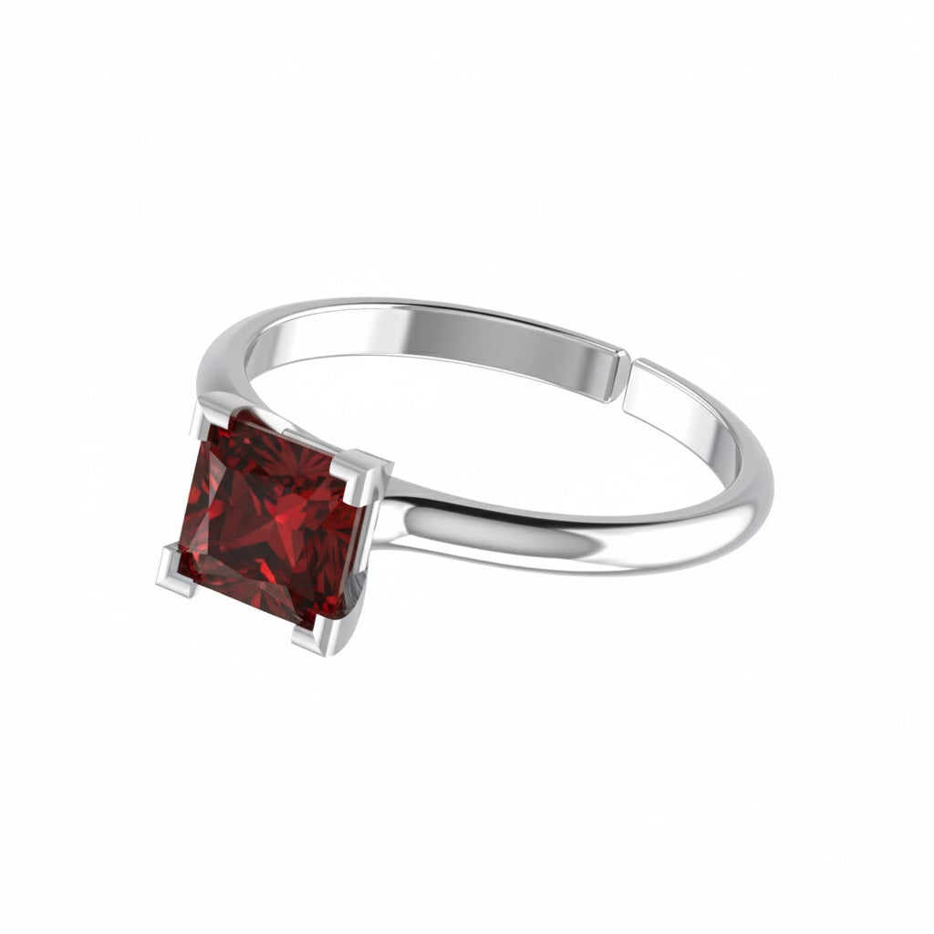 rhodium plated pure silver square garnet gemstone adjustable ring