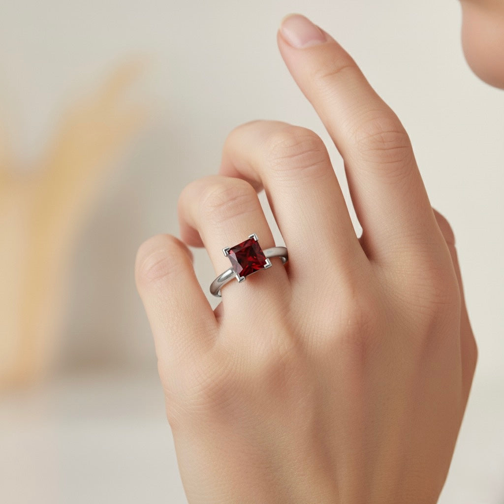 rhodium plated pure silver square garnet gemstone adjustable ring