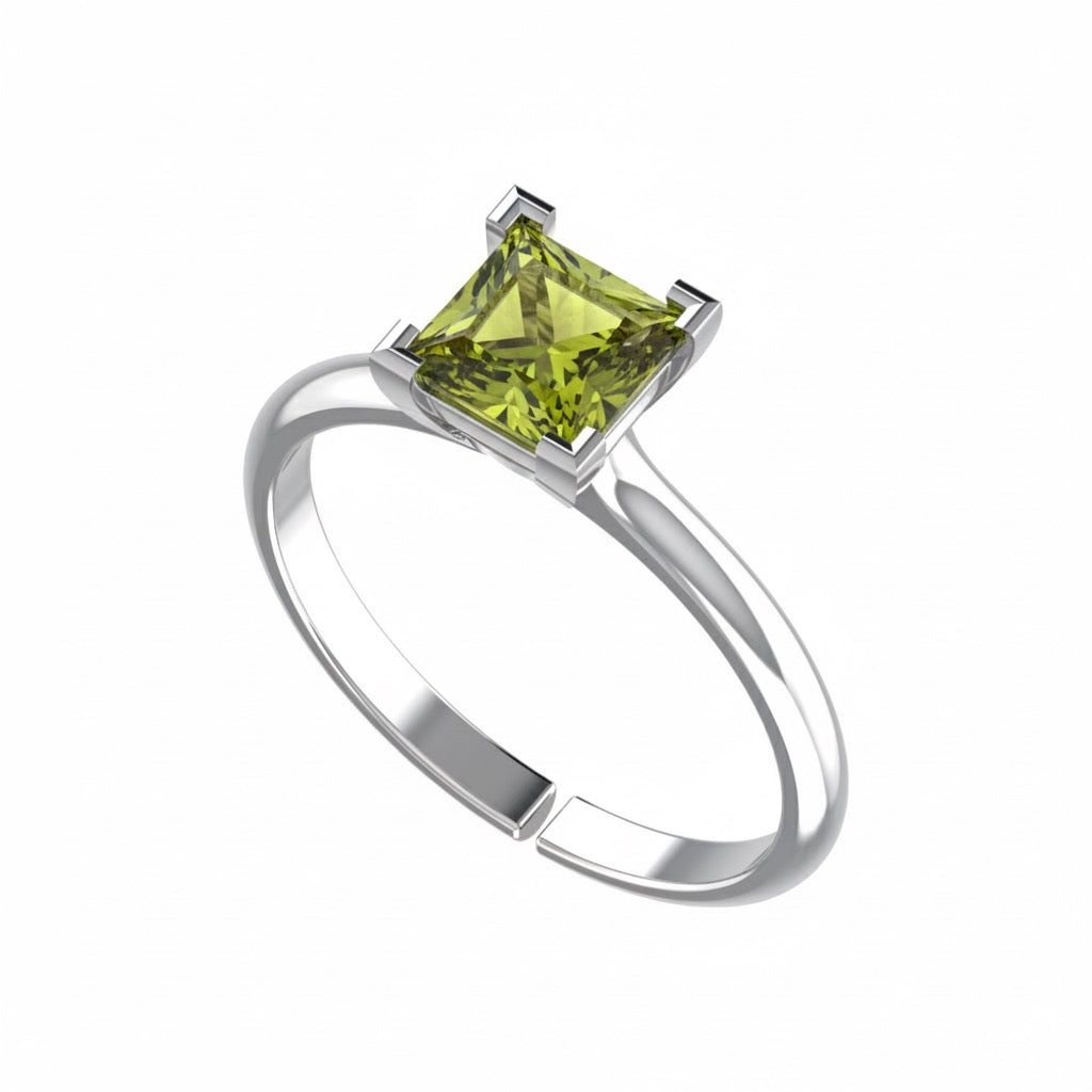 rhodium plated pure silver square peridot gemstone adjustable ring