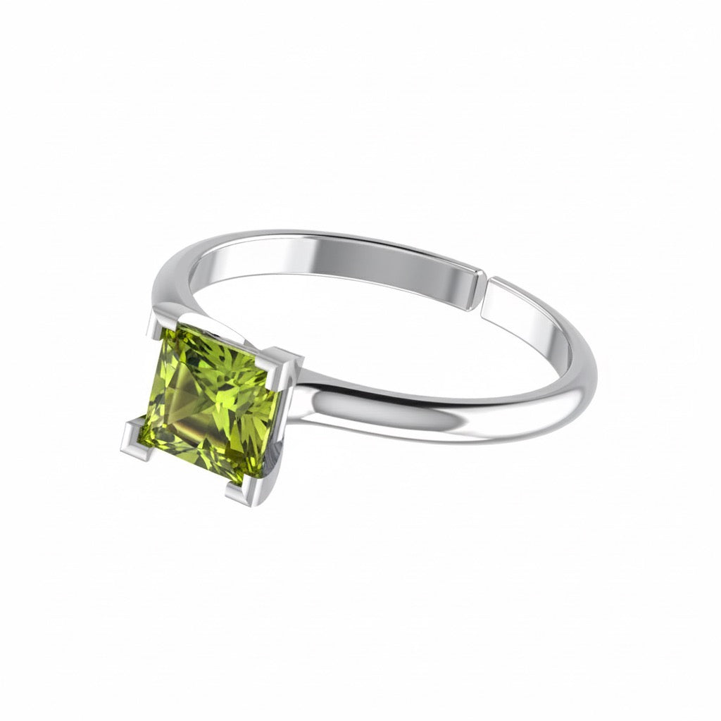 rhodium plated pure silver square peridot gemstone adjustable ring