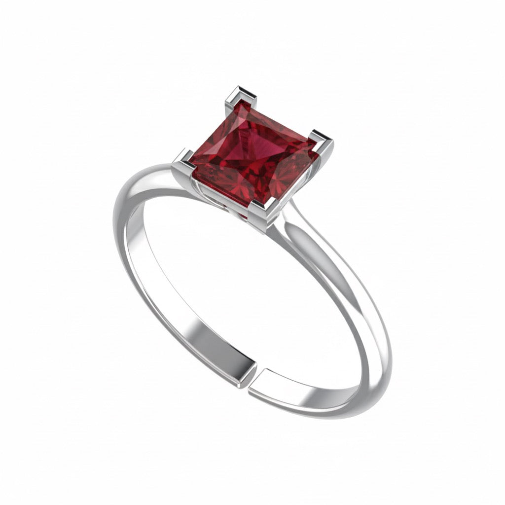 rhodium plated pure silver square ruby gemstone adjustable ring