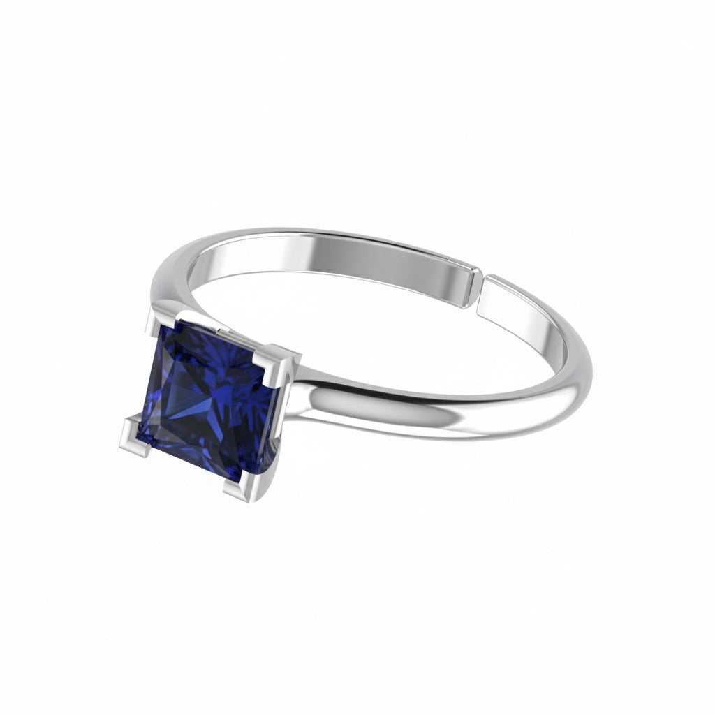 rhodium plated pure silver square sapphire gemstone adjustable ring