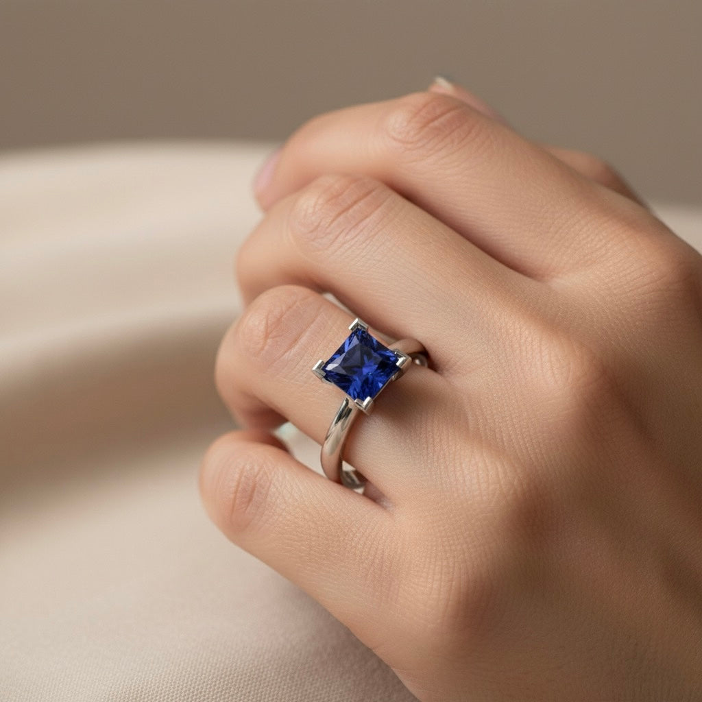 rhodium plated pure silver square sapphire gemstone adjustable ring