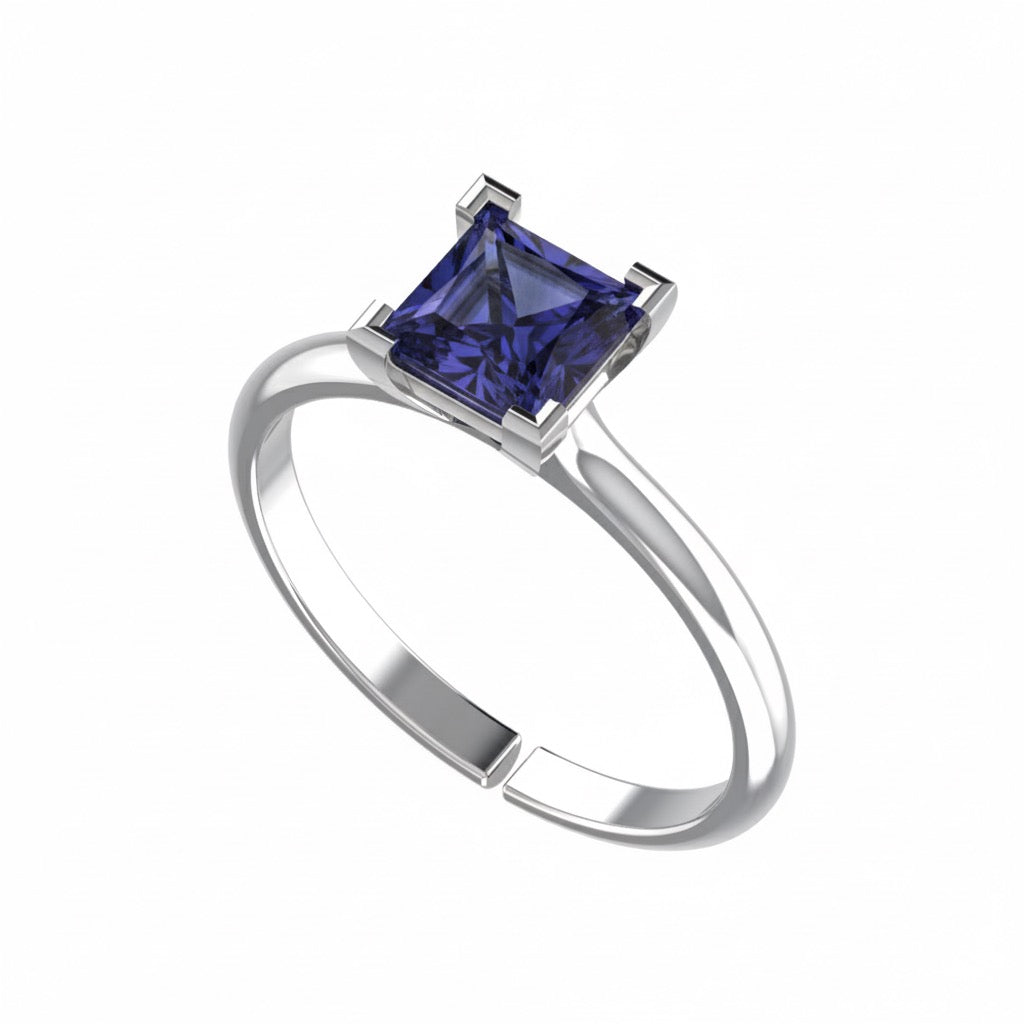 rhodium plated pure silver square tanzanite gemstone adjustable ring