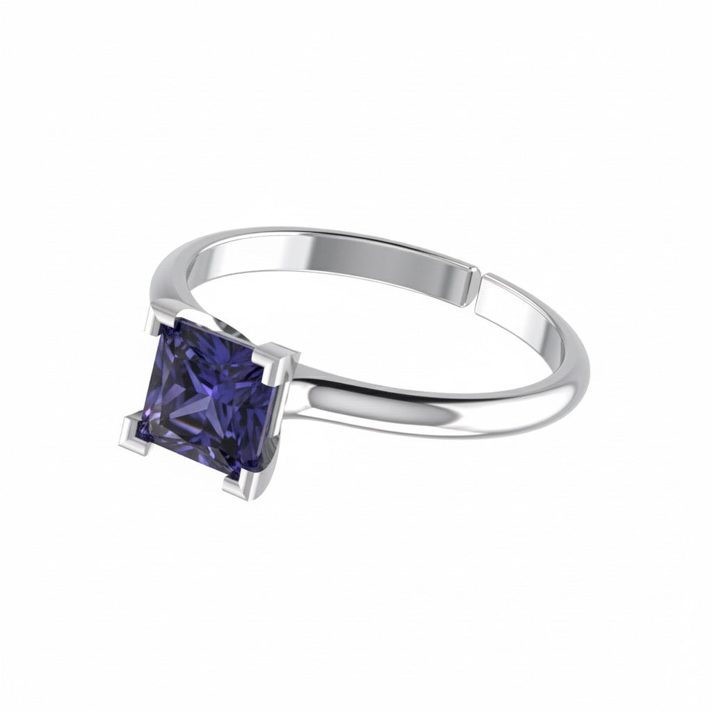 rhodium plated pure silver square tanzanite gemstone adjustable ring