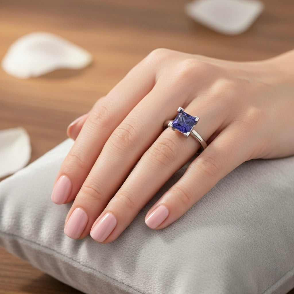 rhodium plated pure silver square tanzanite gemstone adjustable ring