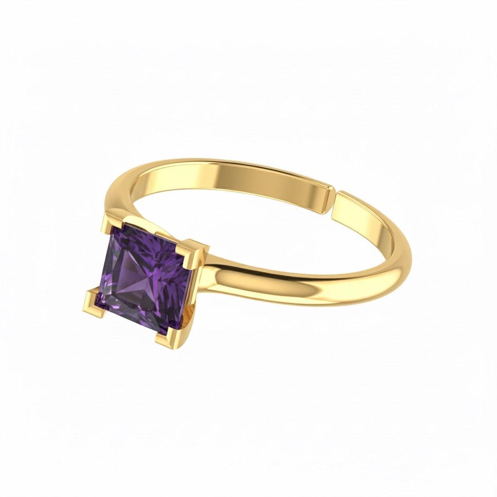 gold plated pure silver square amethyst gemstone adjustable ring