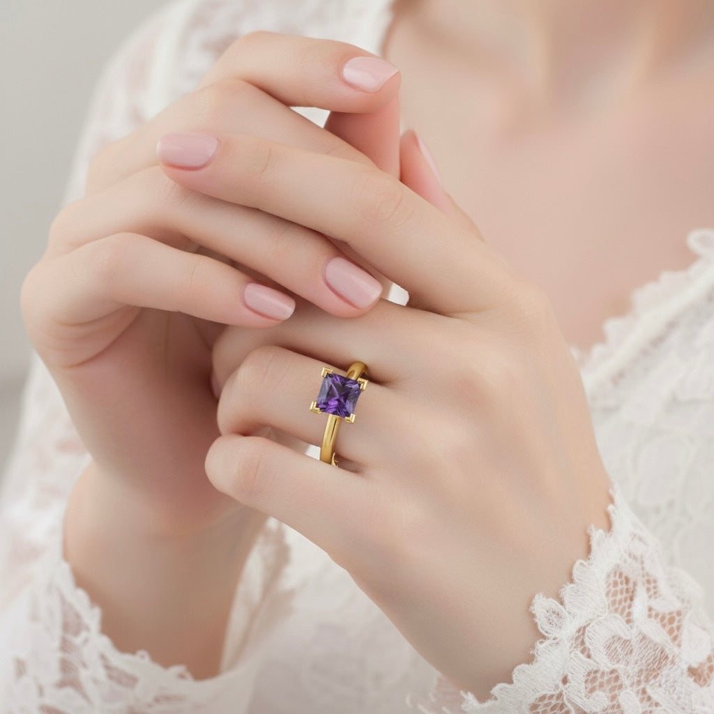 gold plated pure silver square amethyst gemstone adjustable ring