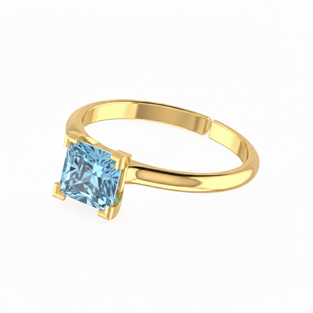 gold plated pure silver square aquamarine gemstone adjustable ring