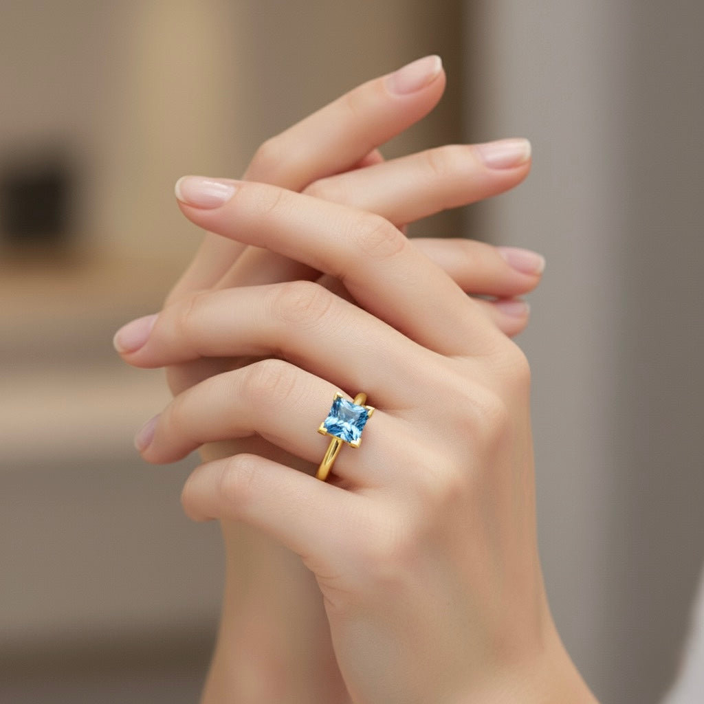 gold plated pure silver square aquamarine gemstone adjustable ring