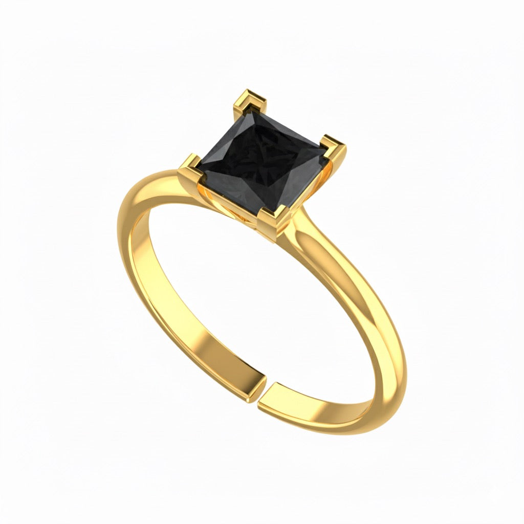 gold plated pure silver square black diamond gemstone adjustable ring