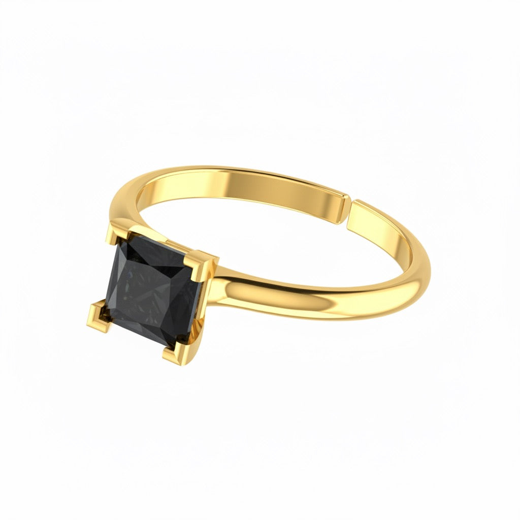 gold plated pure silver square black diamond gemstone adjustable ring
