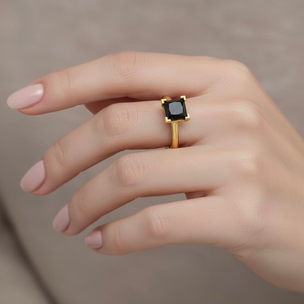 gold plated pure silver square black diamond gemstone adjustable ring