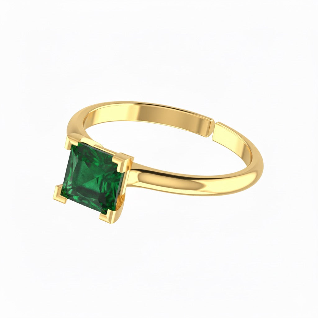 gold plated pure silver square emerald gemstone adjustable ring