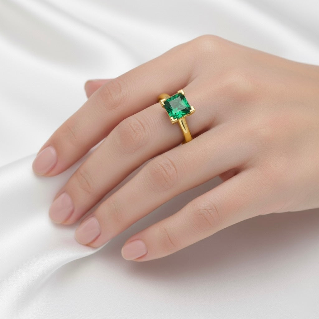 gold plated pure silver square emerald gemstone adjustable ring