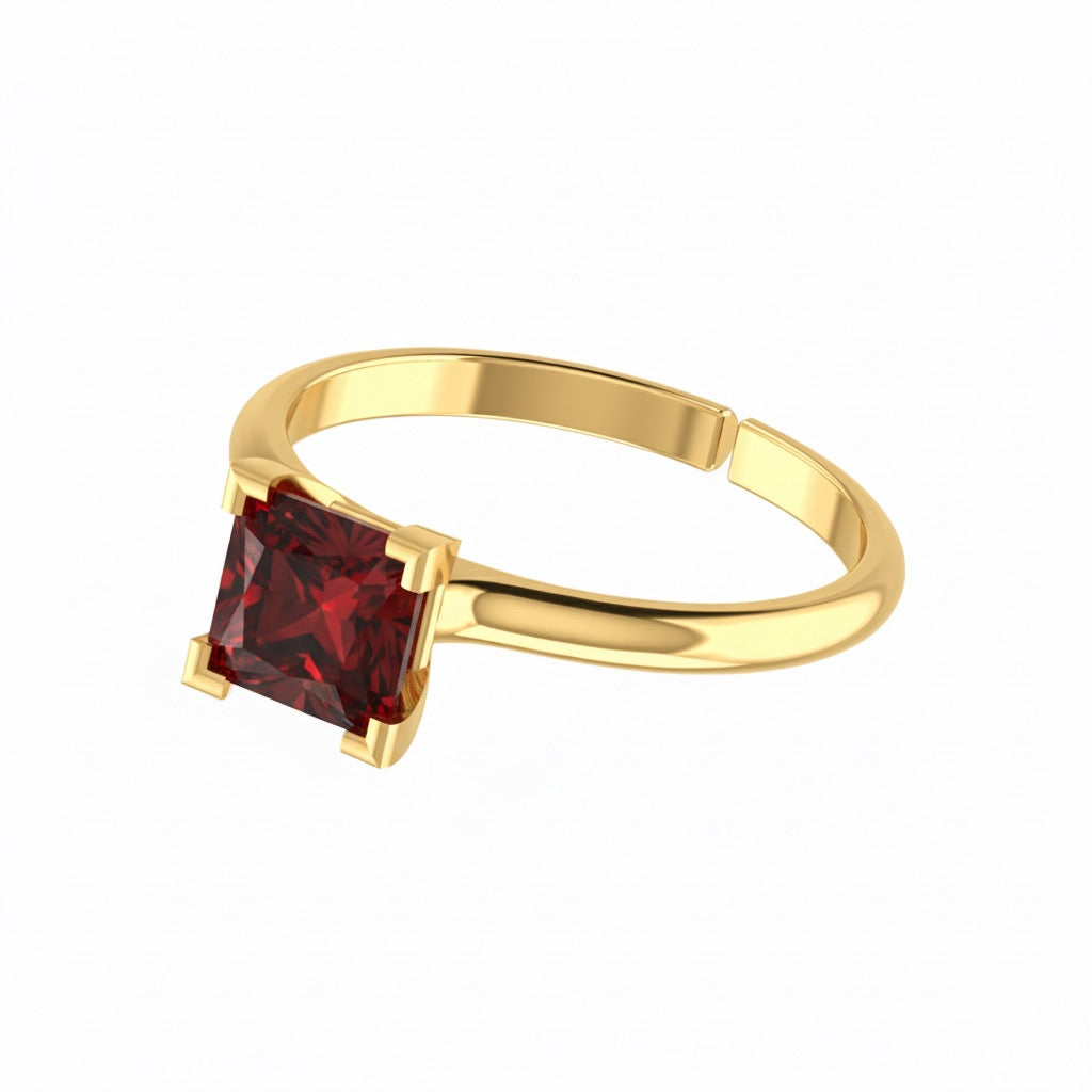 gold plated pure silver square garnet gemstone adjustable ring