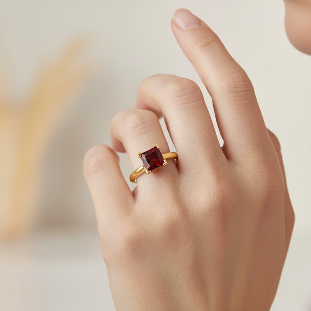 gold plated pure silver square garnet gemstone adjustable ring