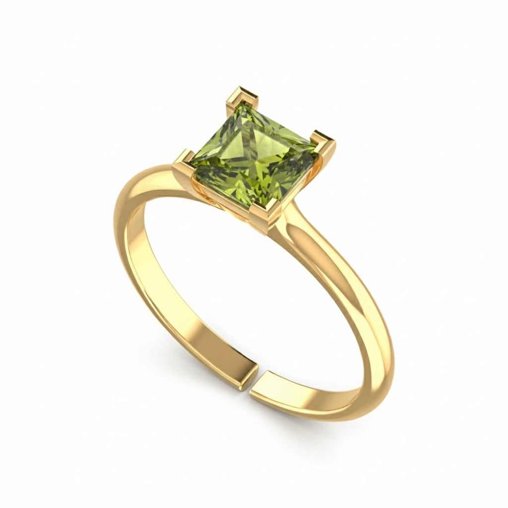 gold plated pure silver square peridot gemstone adjustable ring