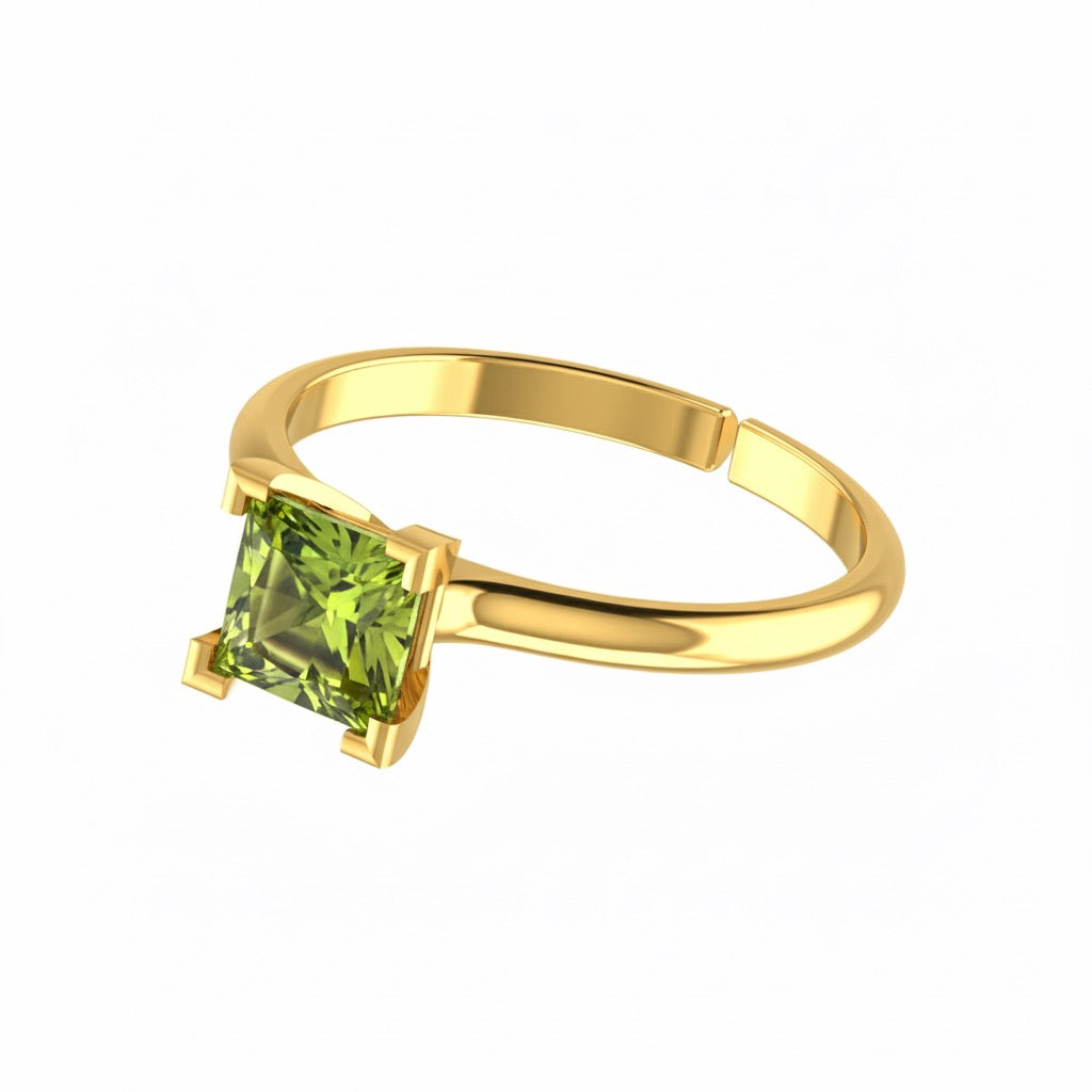 gold plated pure silver square peridot gemstone adjustable ring