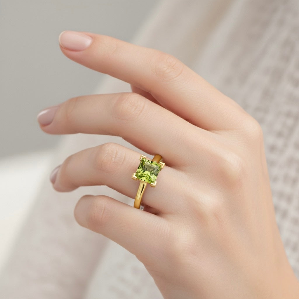 gold plated pure silver square peridot gemstone adjustable ring