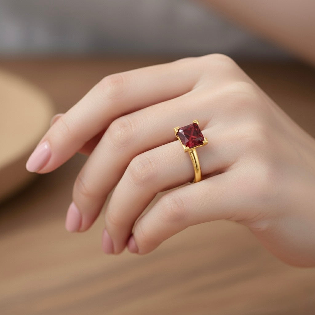 gold plated pure silver square ruby gemstone adjustable ring