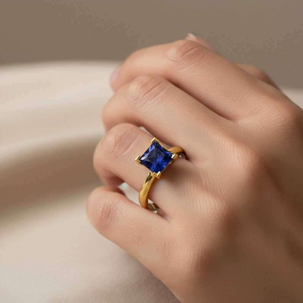 gold plated pure silver square sapphire gemstone adjustable ring